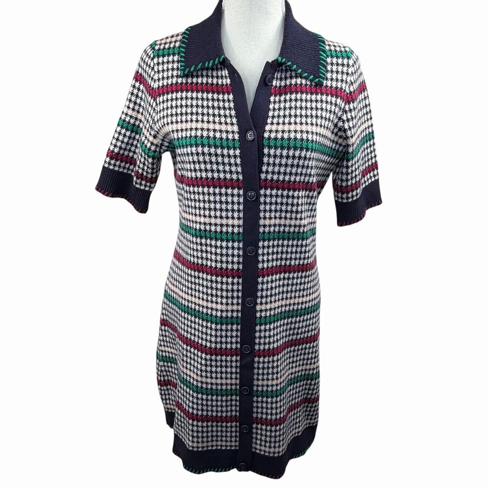 Maeve Navy Blue Houndstooth Striped Knit Shirt Dress Size M Button Front